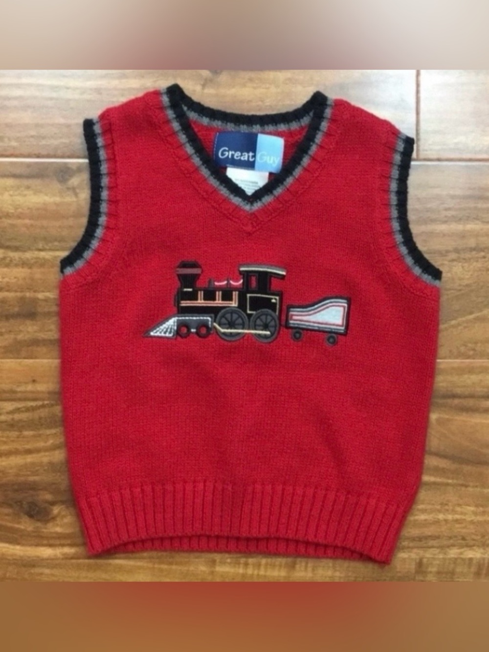 Great Guy Boys Red Knit Choo Choo Train Sweater Vest Size 24M Classic Academia